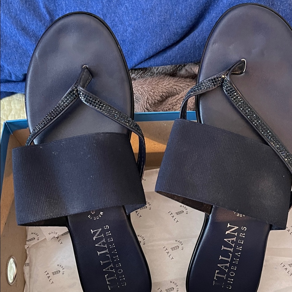 Italian Shoemakers Navy Slide Sandals with Jeweled Thong Strap
